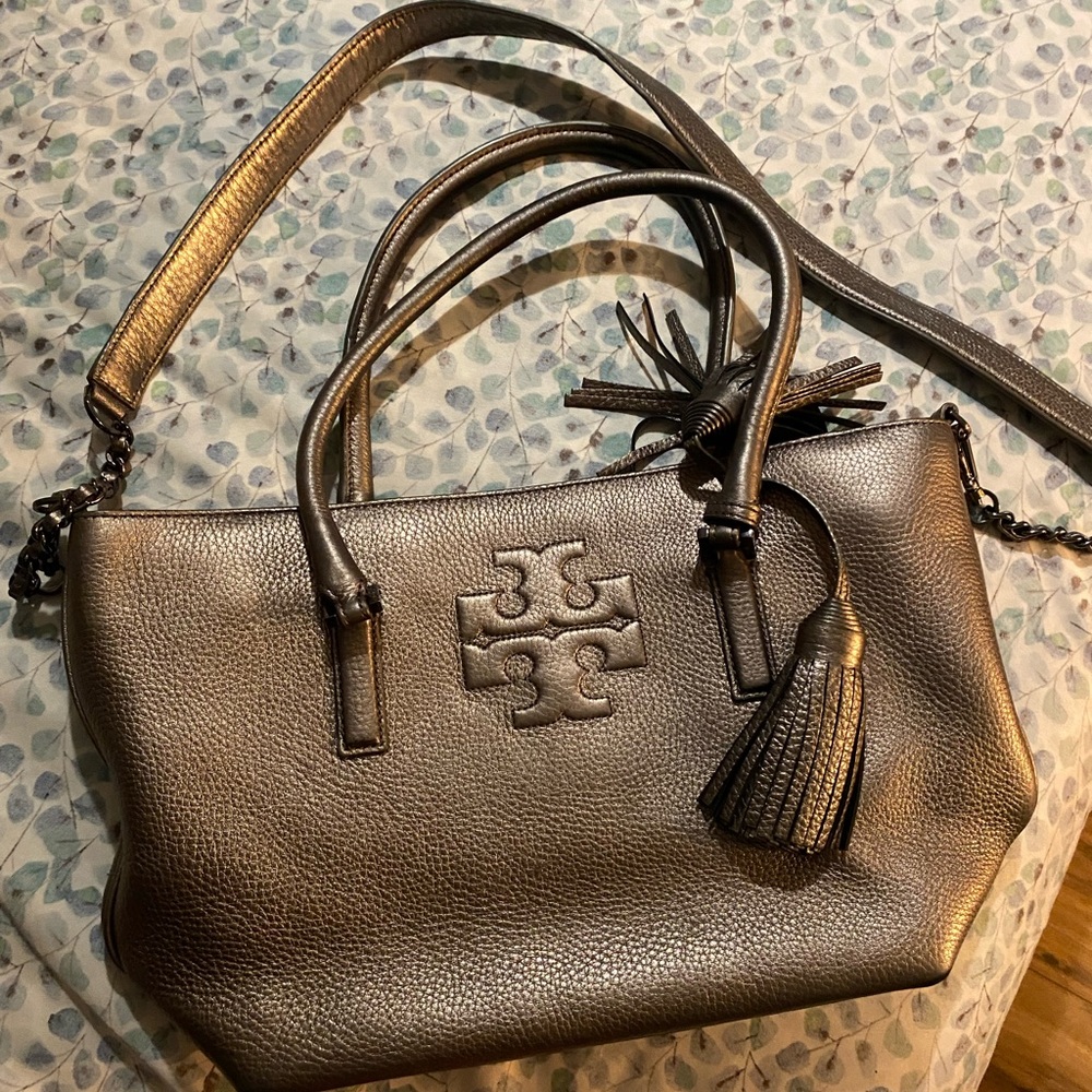 Used gray Tory Burch medium size crossbody purse